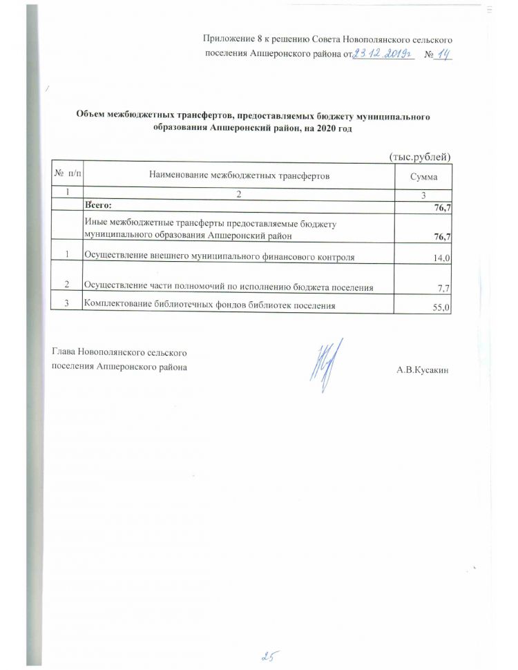 Решение от 23.12.2019 № 14 О бюджете Новополянского сельского поселения Апшеронского района на 2020 год
